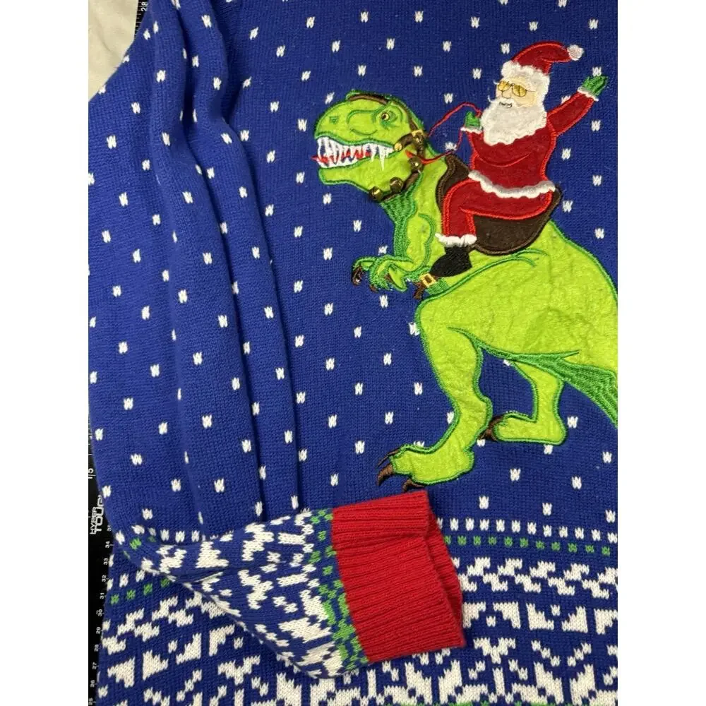 33 Degrees Santa Riding T-Rex Ugly Christmas Sweater Mens XL Blue Holiday